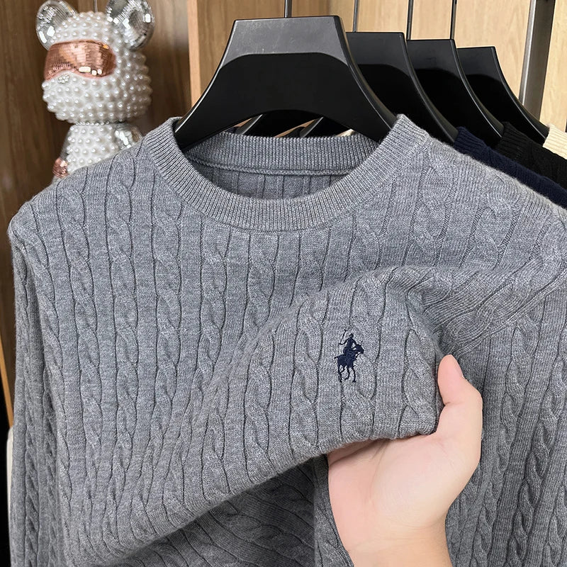 Men's Embroidered Knit Sweater — Slim Fit, Round Neck