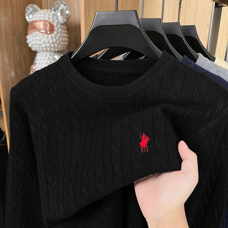 Men's Embroidered Knit Sweater — Slim Fit, Round Neck
