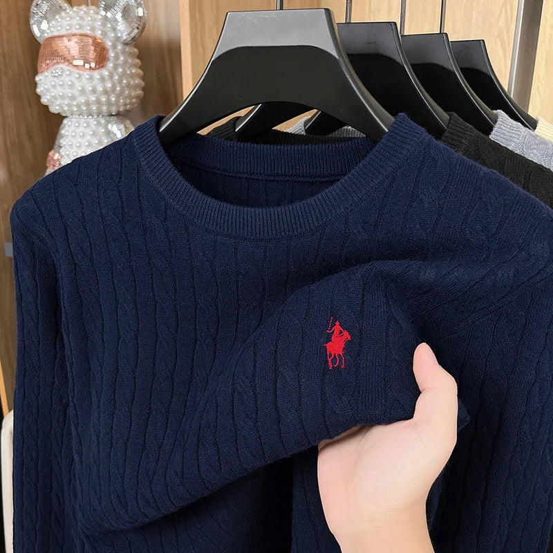 Men's Embroidered Knit Sweater — Slim Fit, Round Neck
