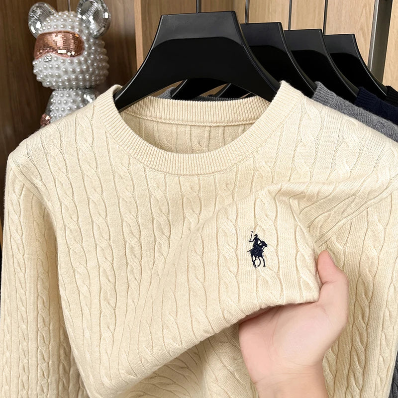 Men's Embroidered Knit Sweater — Slim Fit, Round Neck