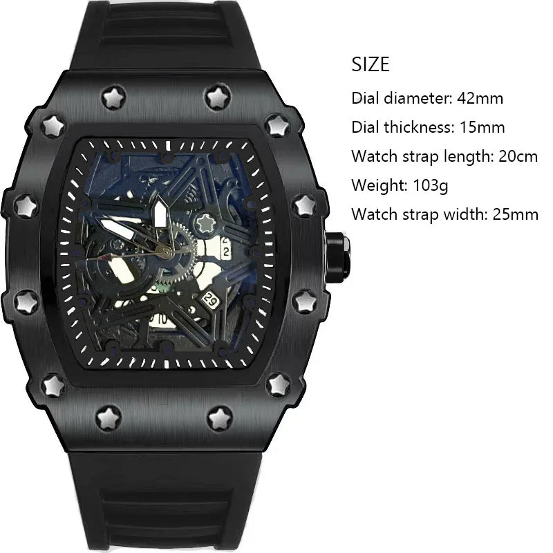 Men's Tonneau Quartz Watch — Luminous Pentagram Dial Fashion Wristwatch